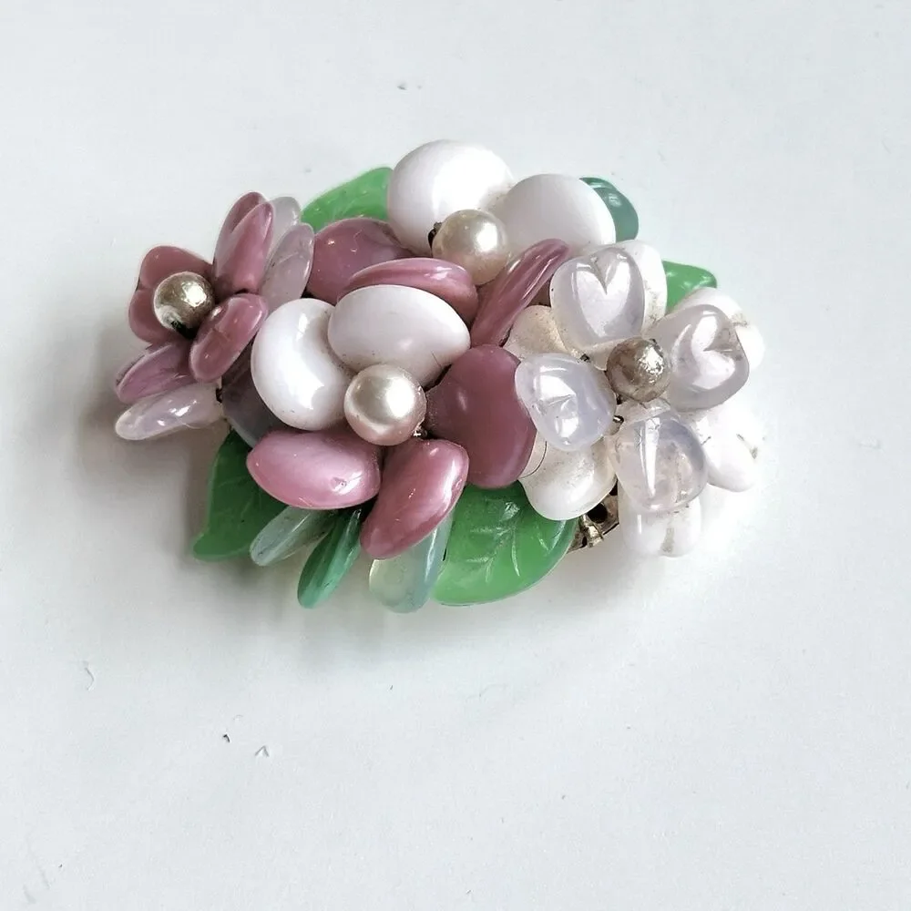 RARE VTG 50s MCM West Germany Pastel Flowers Lucite Brooch Bouquet Cluster 1.75”